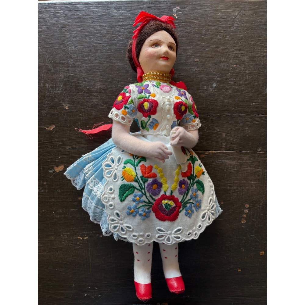 Vintage Hungarian Folk Art Cloth Doll Floral Embroidery Lace Blue Skirt 11 inch